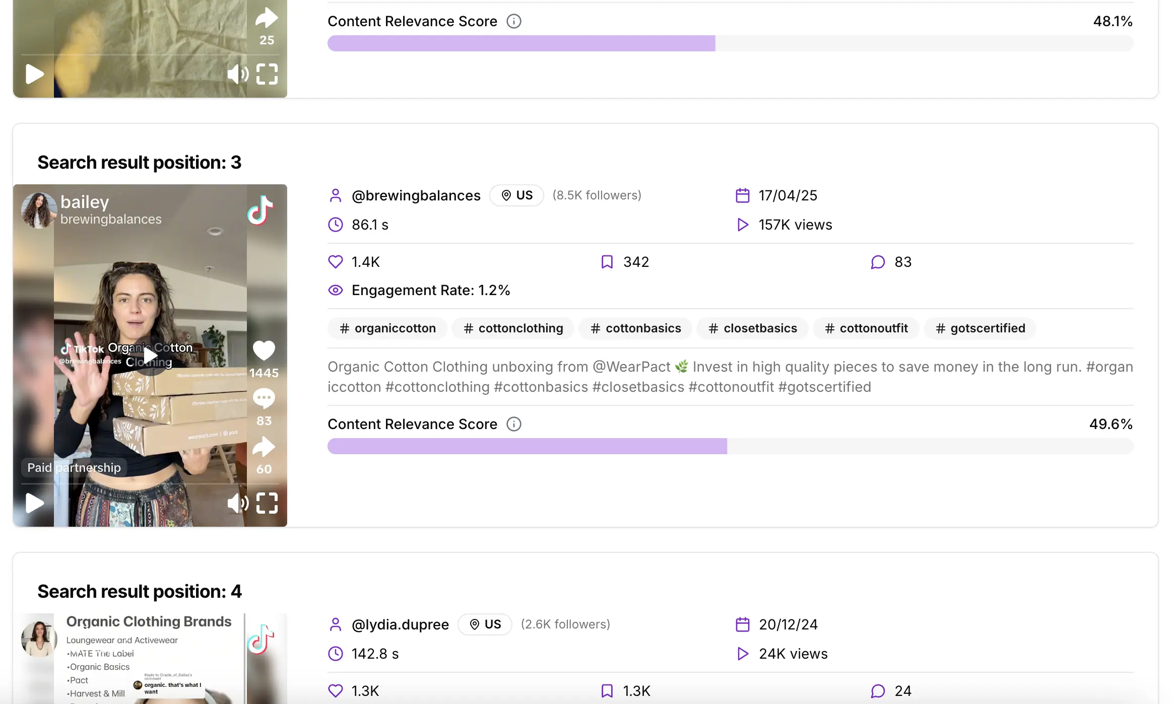 Detailed information and hashtags on a top ranked video for the 'best organic clothes' keyword, in the US, on 18 June 2025.